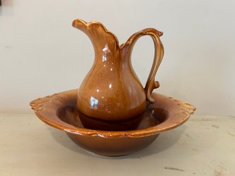 Vintage Haeger Pottery Wash Basin And Pitcher Ochre/Caramel/Brown Glaze