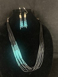 Southwest Style Black Onyx And Genuine Turquoise Beaded Necklace And Earring Ensemble