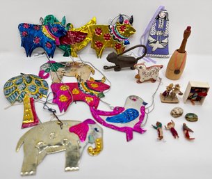 Antique Foo Dog Shaped Brass Padlock, Mexican Christmas Ornaments, Guatemalan Worry Dolls & Other Figurines