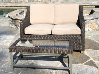 Fantastic Resin Wicker Settee With Cushions Along With Glass Top Cocktail Table - Very Nice - Overall Good