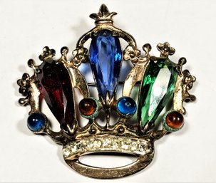 Vintage Sterling Silver Crown Brooch With Large Colorful Stones (small White Stones Missing)