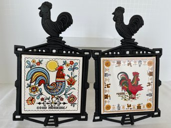 Pair Of Cast Iron Rooster Tile Trivets Marked H.S Japan