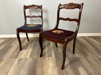 Carved Floral Needlepoint Tapestry Side Chairs