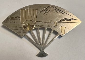 VINTAGE JAPANESE DESIGNER K. UYEDA 950 SILVER FAN BROOCH