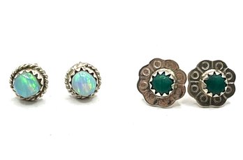 Lot Of 2 Sets Of Vintage Sterling Silver Stud Earrings, Opal And Malachite