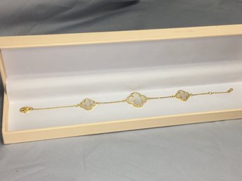 Wonderful VCA / Van Cleef Inspired / Style Sterling Silver With 14K Gold Overlay Bracelet With Mother Of Pearl