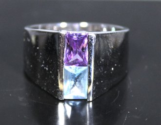 Fine Sterling Silver Amethyst Blue Topaz Contemporary Ladies Ring Size 10