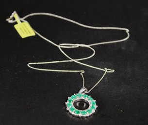 Sterling Silver 20' Long Chain Having Genuine Emerald Gemstone Wreath Pendant