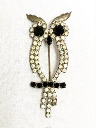 Fantastic Jet & Clear Rhinestone Owl Brooch