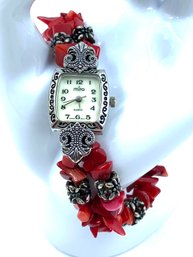 Beautiful Red Coral Quartz Wristwatch By Mira