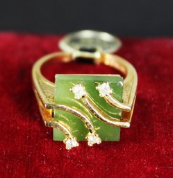 Vintage Gold Tone Genuine Jade Ladies Ring Having White Stones Great Design Size 7.5