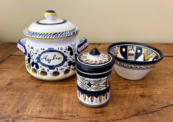 Painted Painted Garlic Jar And Signed Ceramic Pieces
