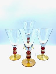 Set Of 4 Hand Blown Jeweltone Stemmed Flared Goblets