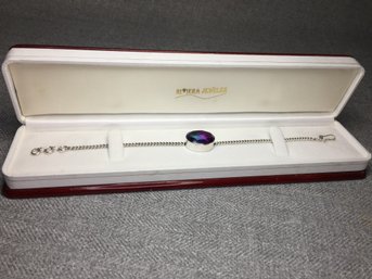 Gorgeous Brand New Sterling Silver / 925 Solitaire Bracelet With Single Bi Colored Tourmaline Pendant - NEW !