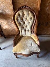 Carved Fruitwood Button Back Velour Parlor Chair