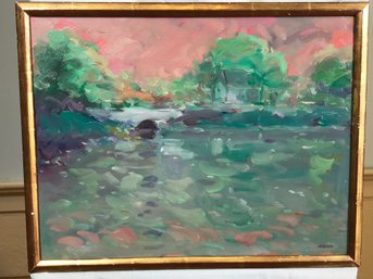 Original James Pascucci Oil On Canvas - Painting River / Bridge With Pink Sunset - SKU: 90-2-1033