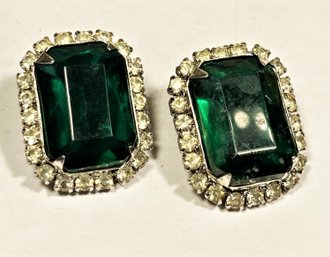 Green And White Large Rhinestone Earrings Ear Clips