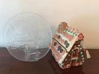 Gingerbread Cottage Ceramic Cookie Jar And Clear Glass Christmas Plate