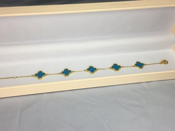 Lovely Van Cleef / VCA Inspired / Style Sterling With 14K Gold Overlay & Turquoise Alhambra Style Bracelet