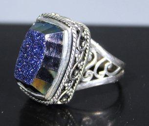 Contemporary Sterling Silver Large Ladies Ring W Blue Mineral Stone Size 7.5