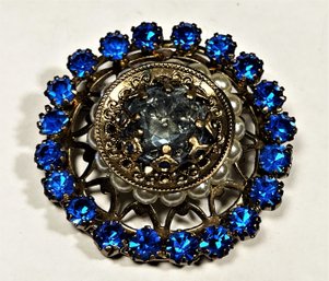 Vintage Circular Blue White Rhinestone Brooch