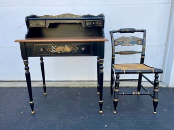 1970s Ethan Allen Hitchcock Stenciled Black & Maple Writing Desk & Chair