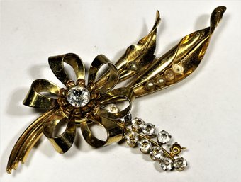 Large Victorian Gold Tone Rhinestone Brooch (missing A Couple Stones)