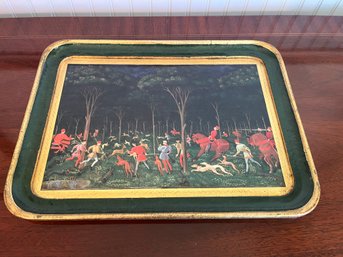 A Gold Lacquered 15 X 11 Wood Tray - Hunt Scene Print