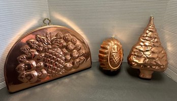 Vintage Copper Pineapple & Apple Mold, Christmas Tree Mold, Scalloped Oval Copper Mold Made In Korea. FL/C3