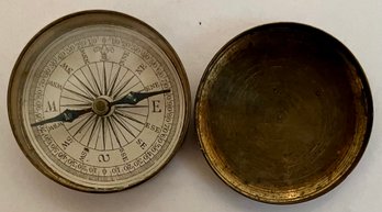 Vintage Antique Pocket Compass - Brass With Cover  - Unmarked - 1 5/8 In Diameter X 3/8 H -