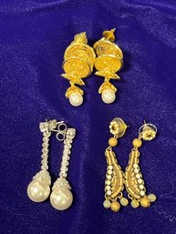 3 Piece Quality Costume Earring Trio - Silver And Gold Tone