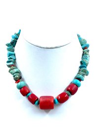 Southwest Style Turquoise & Coral Nugget Wreath Necklace