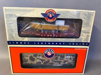 NIB Lionel Trains: Flat Car With Boat & Operation Iraqi Freedom Minuteman Car, 6-26048 & 6-36797