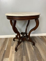 Carved Solid Wood Table, Oval Marble Top