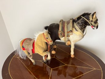 Two Horse Figurines, One Made With Real Animal Hide & Leather Saddle/Accessories