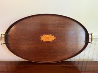 A Large Wood Inlaid Tray With Brass Handles - 23 X 14