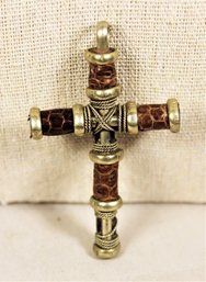 Vintage Ethnographic Cross Pendant Snake Skin Leather Silver