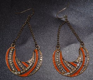 Beautiful Earrings With Orange Enamel Work And Sparkly Crystal Stones