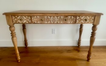 Carved Teak Writing Table With Three Drawers (New In Box)