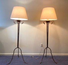 Pair - Cast Iron Tri Footed Torchiere Style Floor Lamps With Light Colored Shades