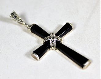 Fine Sterling Silver Black Enamel Cross Pendant 2 1/2' Long