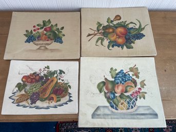 Lot Of 4 Antique Victorian Theorem Fruit Still Life Painting On Velvet Signed