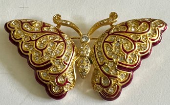 SIGNED NAPIER RED ENAMEL AND RHINESTONE BUTTERFLY BROOCH