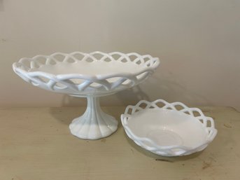 Vintage Pitman Drietzer Milk Glass Old Colony Pedestal Footed Fruit Bowl & Imperial Glass Open Lace Edge Bowl