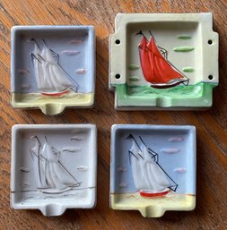 Four SAILBOAT ASHTRAYS  - Porcelain Hand Painted Circa 1950's