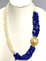 Fantastic Multistrand Genuine Freshwater Pearl & Lapis Lazuli Statement Necklace