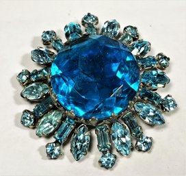 Large Vintage Aqua Blue Rhinestone Brooch