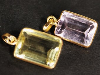 Pair Vintage Gold Over Silver/or Gold Pendants, Pale Citrine And Amethyst