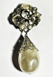 Vintage White Rhinestone Drop Faux Pearl Brooch