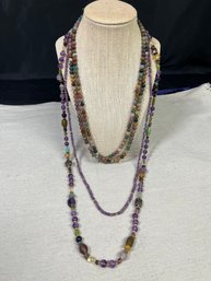 Three Long Beaded Necklaces - Purple Tones 16-23' Drop